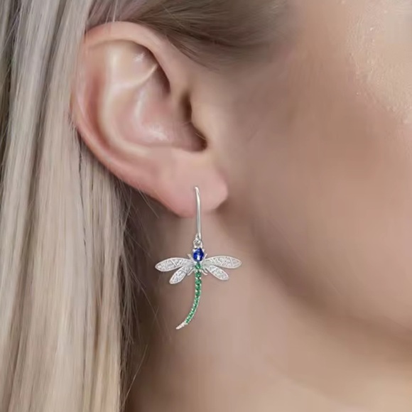 Emerald Green Dragonfly Dangle Earrings - Picture 7 of 10